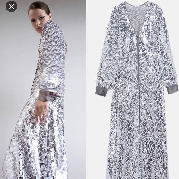 Zara Dresses & Skirts - Zara NWT SILVER SEQUINED BUTTON FRONT MIDI DRESS